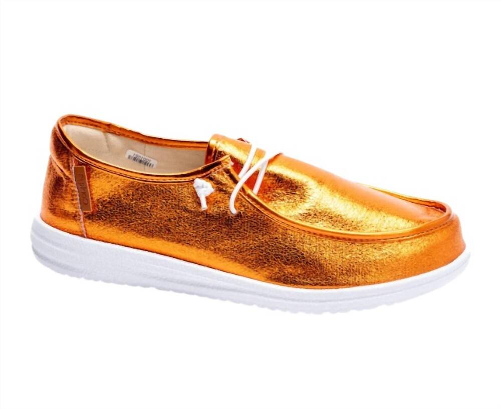 NEW CORKYS FOOTWEAR women's crinkle metallic kayak slip on sneakers in orange